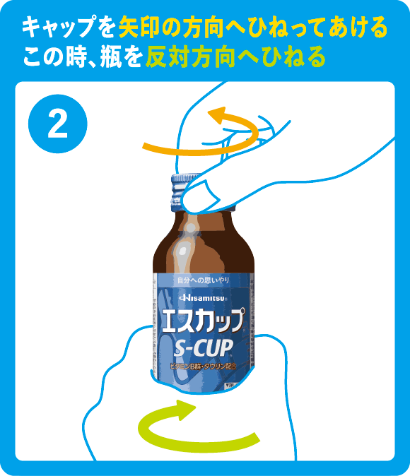キャップを矢印の方向へひねってあける この時、瓶を反対方向へひねる